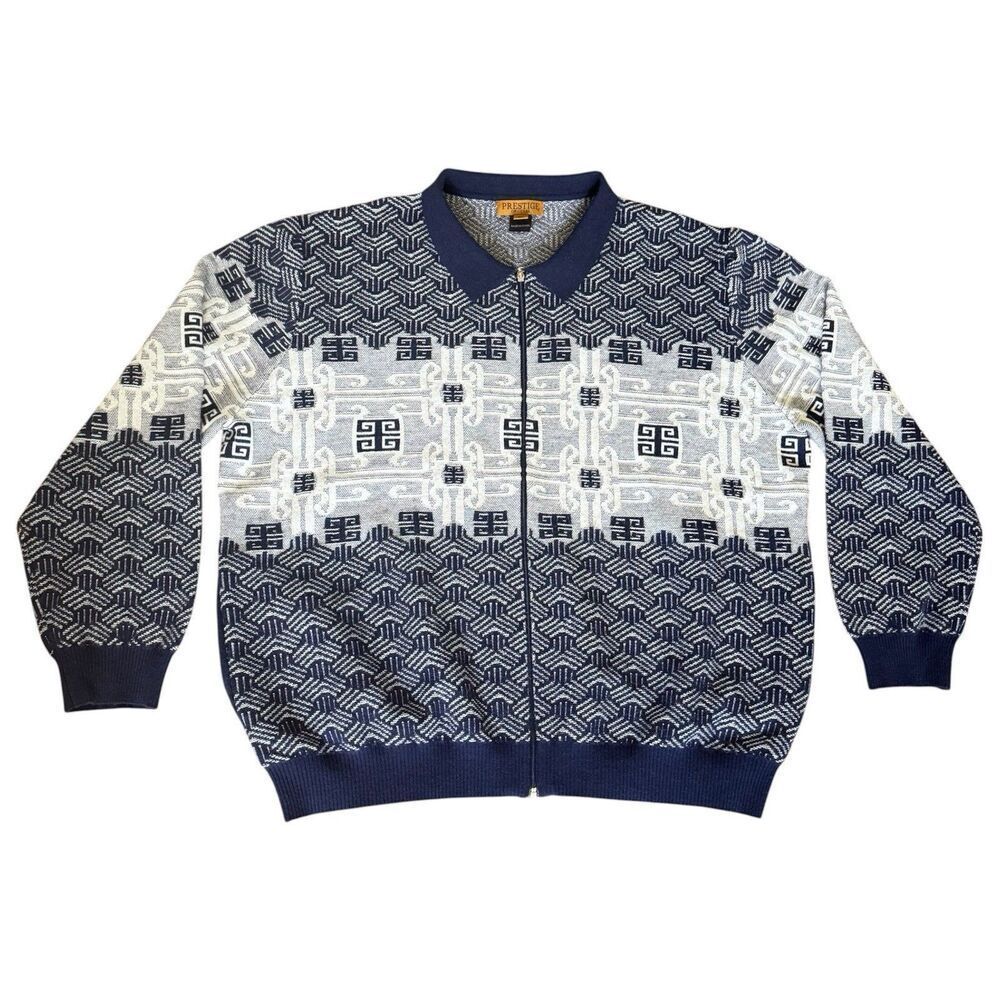 Prestige Original 4XL Luxury Wool Greek Key Geometric Full Zip Sweater NWOT $330